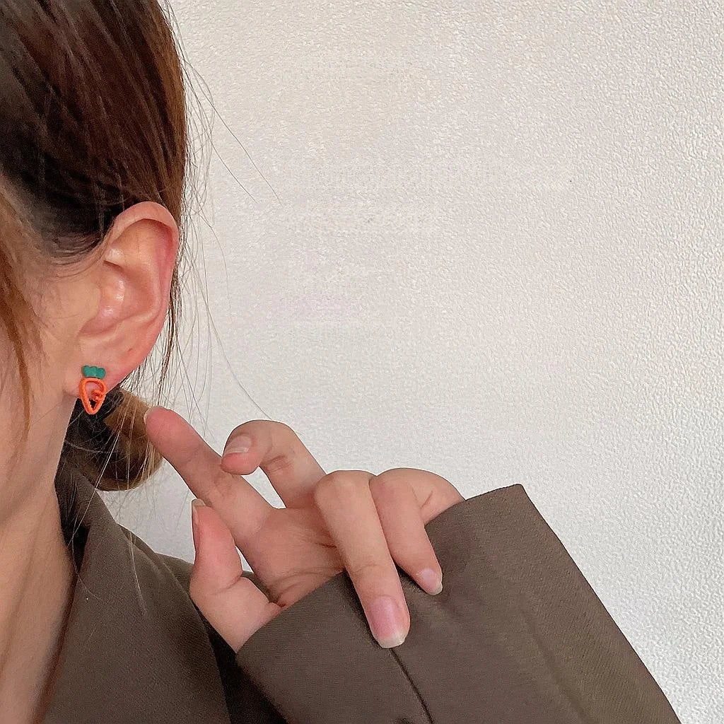 Cute Alloy Enamel Rabbit Carrot Asymmetric Stud Earrings For Women Korean Style