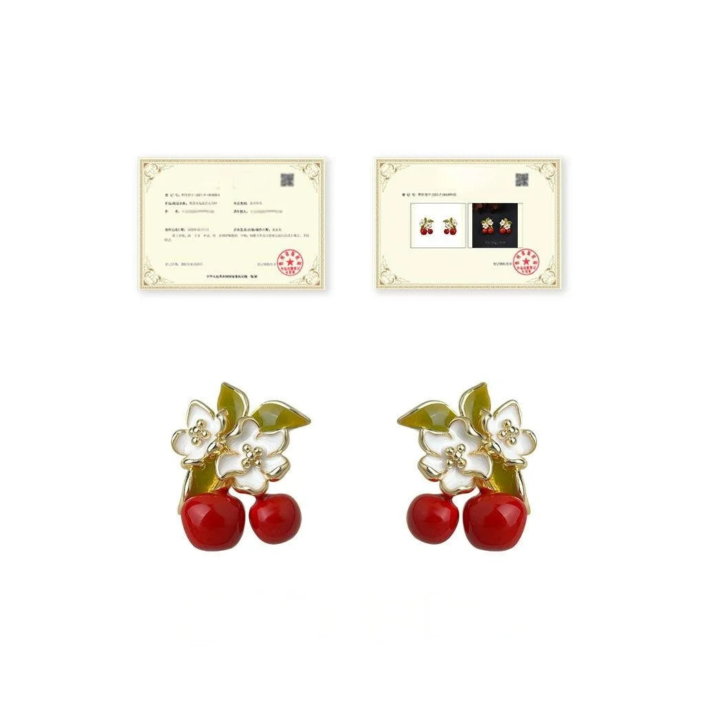 Pastoral Drip Enamel Cherry Flower Copper Stud Earrings