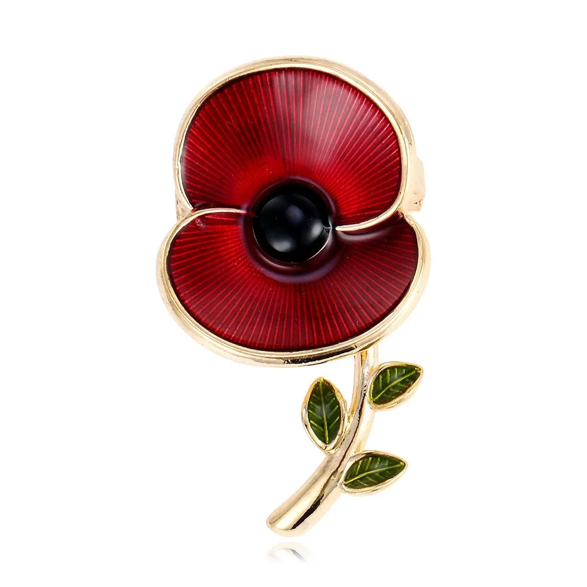 Elegant Red Enamel Poppy Flower Brooch With Gold Tone Stem, Floral Lapel Pin Corsage Suit Accessory Gift