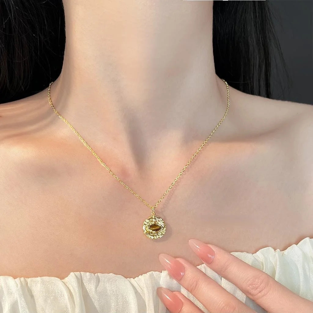 18K Gold Plated Tiger Eye Stone Geometric Eye Pendant Collarbone Necklace