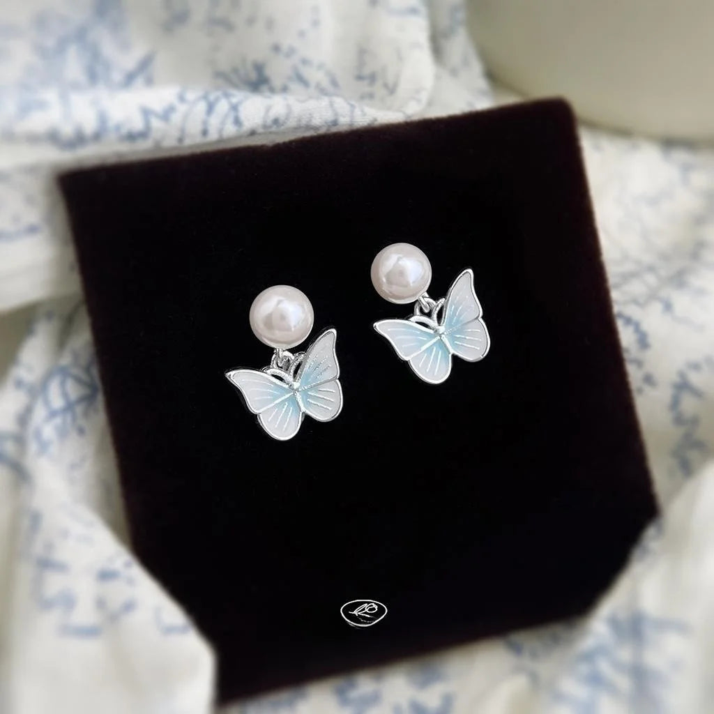 Fresh Forest Style Gradient Blue Enamel Butterfly Drop Earrings Copper