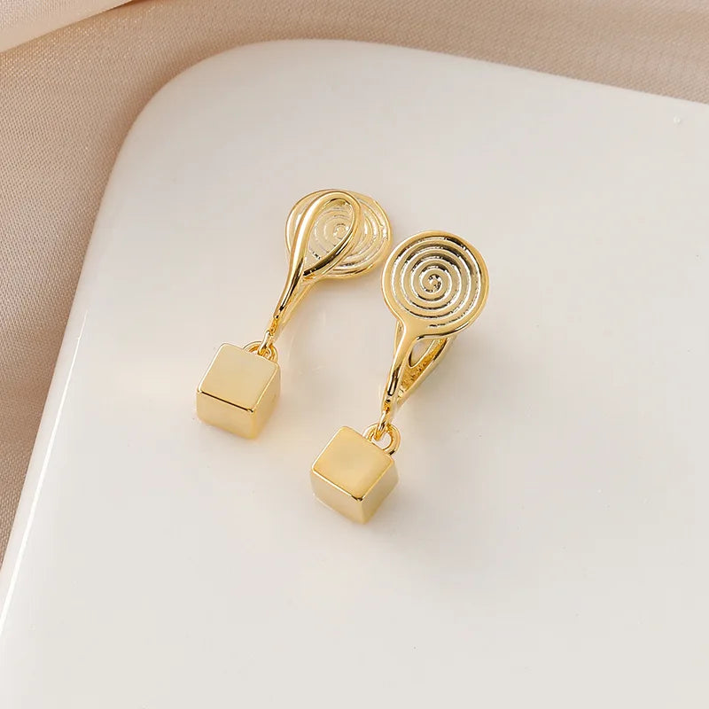 Elegant Gold Tone Alloy Spiral Disc With Square Cube Drop Stud & Clip On No Piercing Earrings