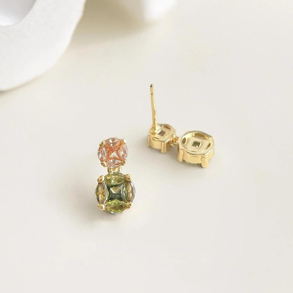 14K Plated Copper Zircon Round Geometric Stud Earrings Light Luxury Minimalist Jewelry