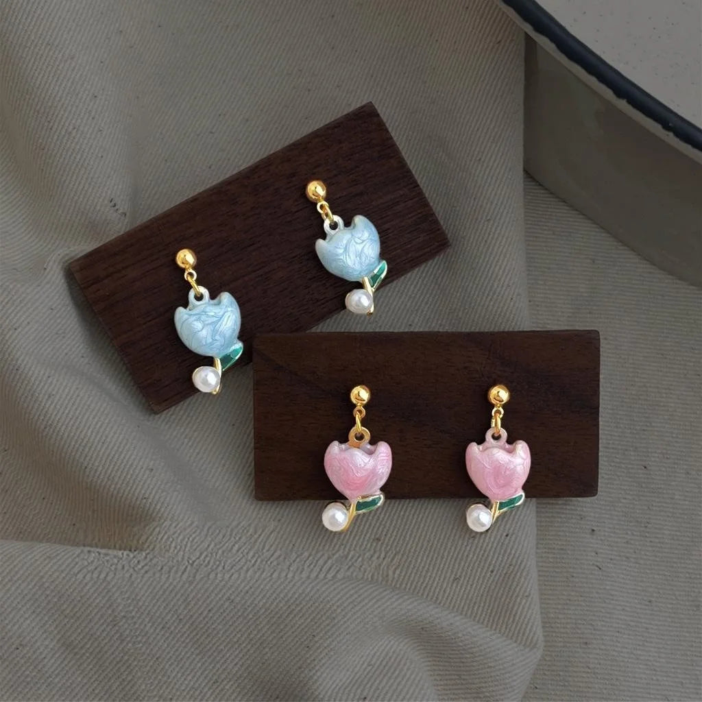 Hand Painted Enamel Tulip Stud Earrings Eco-Friendly Copper Alloy Fresh Floral Jewelry