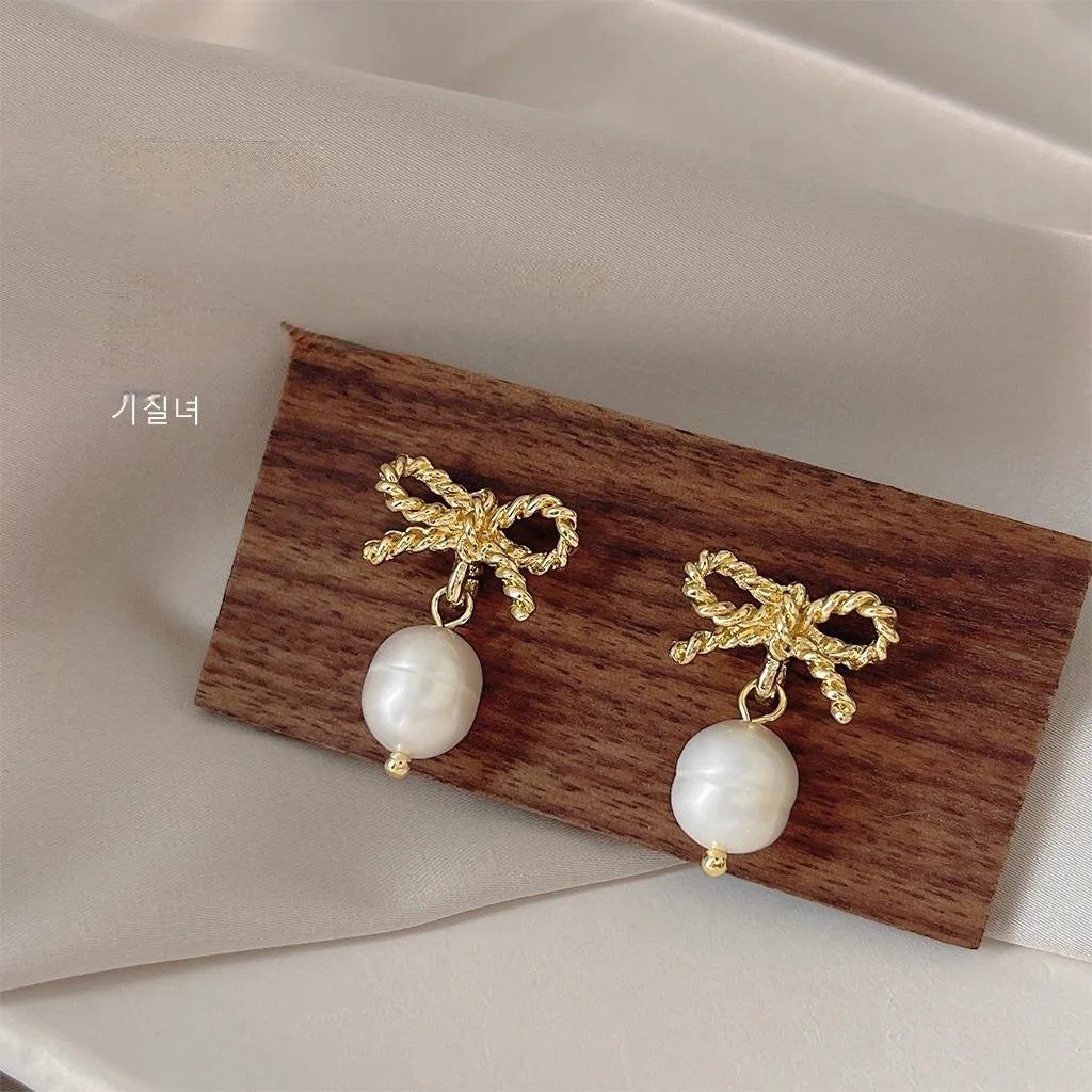 Freshwater Pearl 14K Plated Bowknot Stud Earrings Sweet Handmade Jewelry