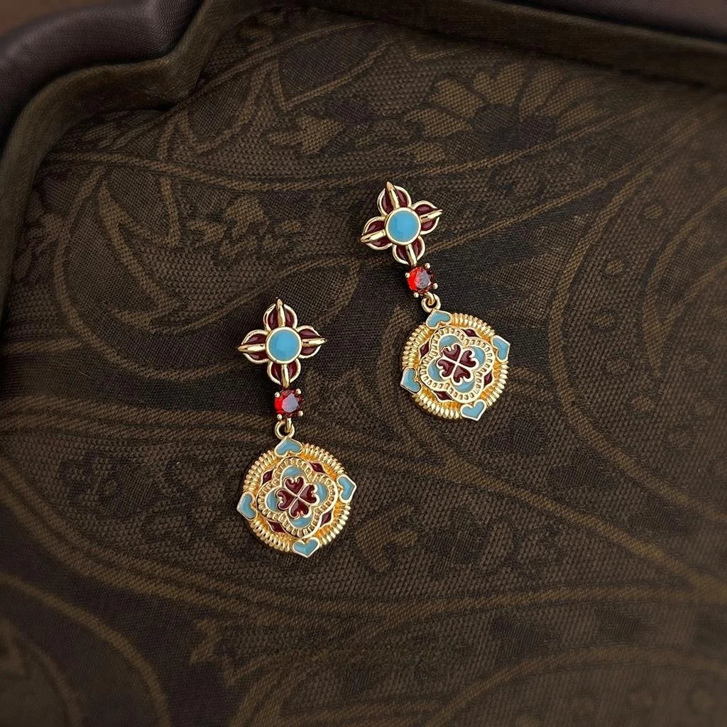 Original Ethnic Style Copper Enamel Glaze Zircon Auspicious Floral Geometric Drop Earrings