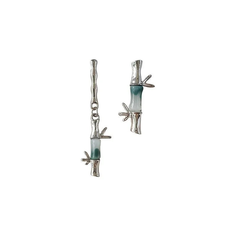 New Chinese Copper Asymmetric Bamboo Leaf Stud Earrings, Geometric Bamboo Joint Minimalist Style