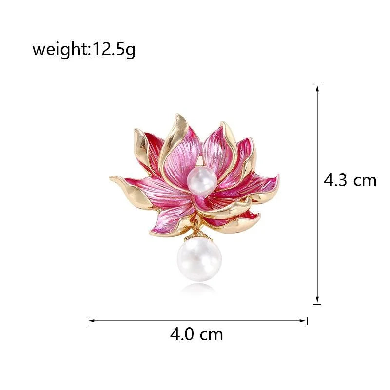 Elegant Pink Enamel Lotus Flower Brooch With Faux Pearl, Gold Alloy Lapel Pin For Qipao Suit Accessory Gift