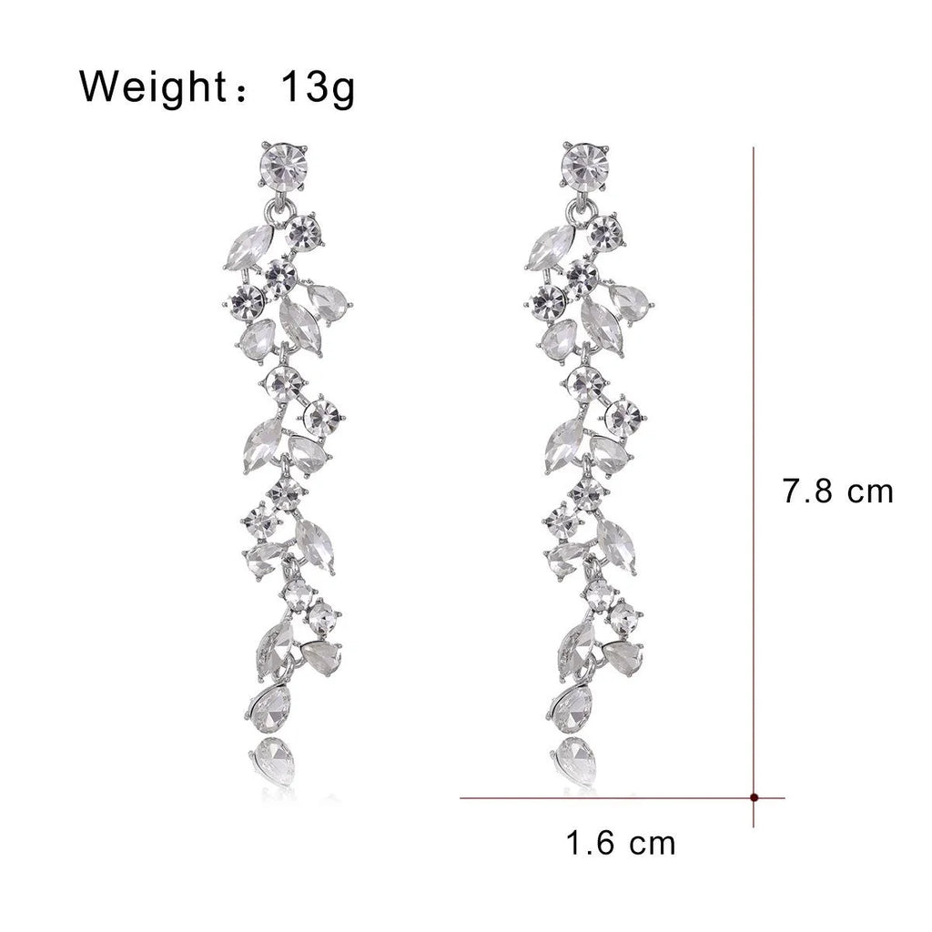 Korean Elegant Long Tassel Drop Earrings With Zircon Rhinestone Petal Design For Wedding Party