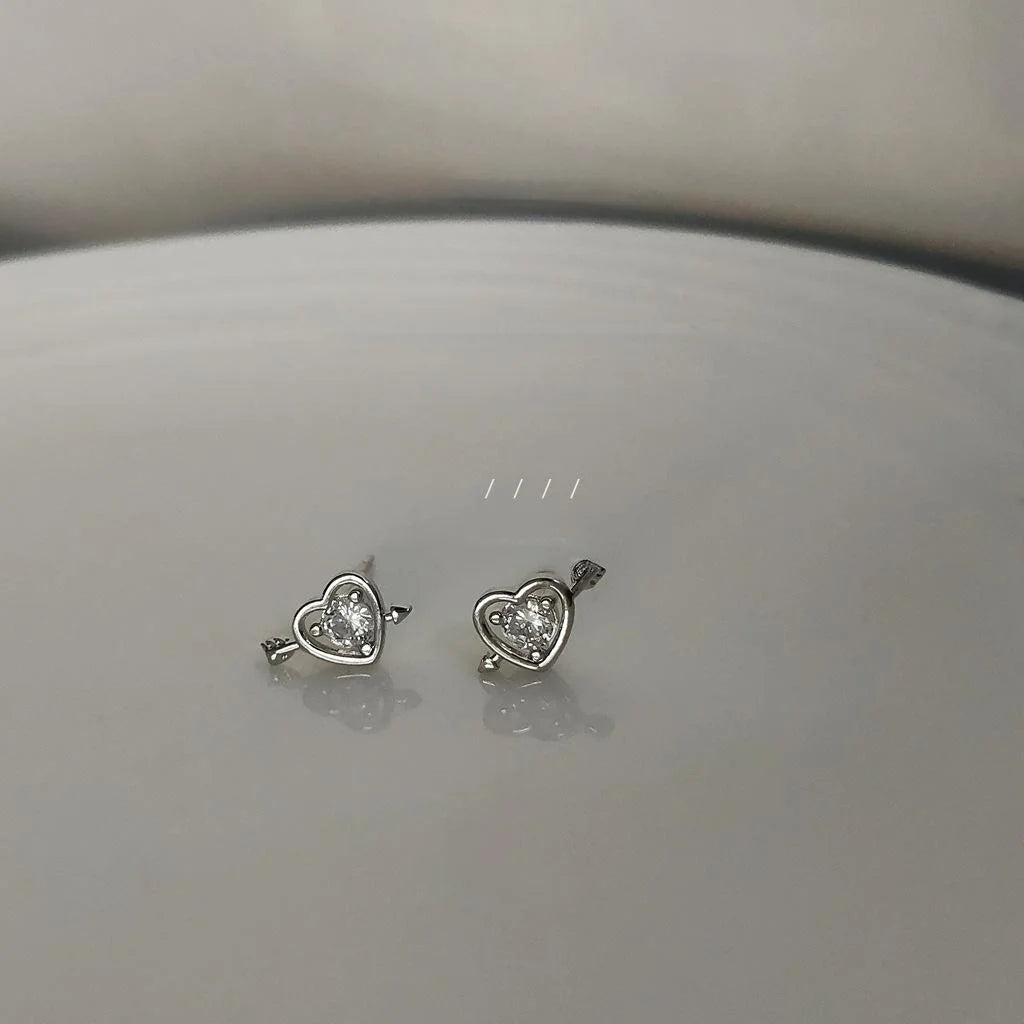 Korean Style Mini Heart Arrow Zircon Copper Stud Earrings With Silver Plated Pins