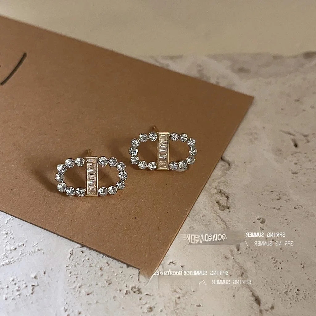 Light Luxury Copper Stud Earrings With Micro Pave Zircon Letter Oval Geometric Minimalist Design