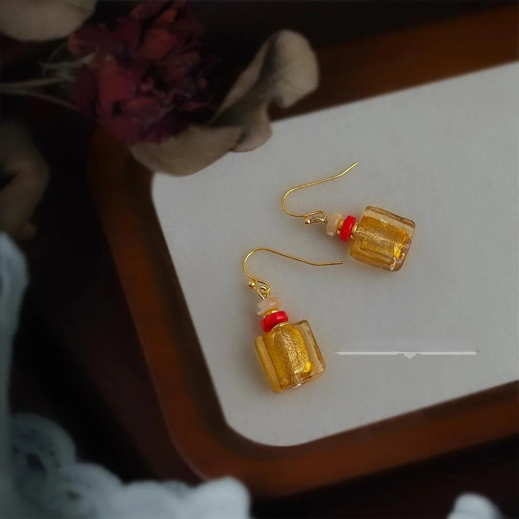 Handmade Vintage Chinese Style Copper Shell Glass Glaze Geometric Square Drop Earrings