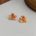 Maple Leaf Cubic Zirconia Inlaid Copper Stud Earrings Light Luxury Style