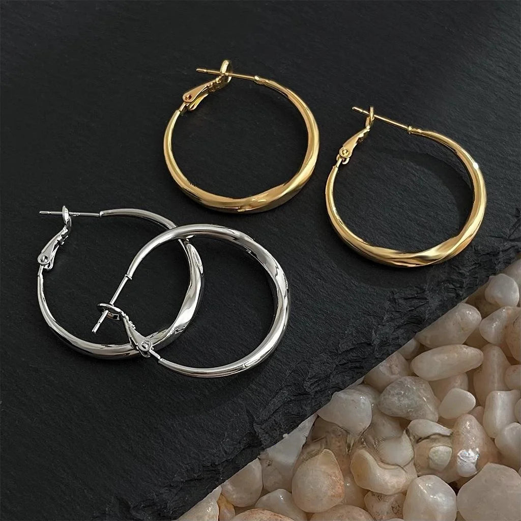 14K Gold Plated Copper Geometric Round Hoop Earrings, Elegant Fashion Face Slimming Ear Jewelry