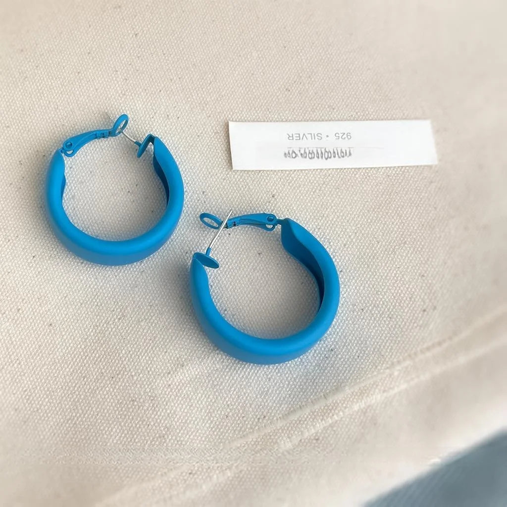 Haze Blue Enamel Round Hoop Drop Earrings Copper Vacation Style Jewelry