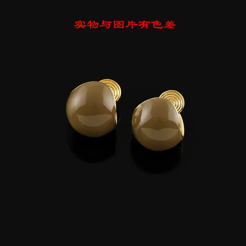 Vintage Maillard Brown Glossy Enamel Ball Spiral Alloy Stud & Clip On No Piercing Women's Earrings