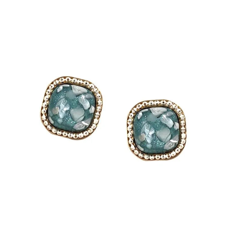 Vintage Green Geometric Square Crushed Shell Copper 14K Gold Plated Stud Earrings For Women