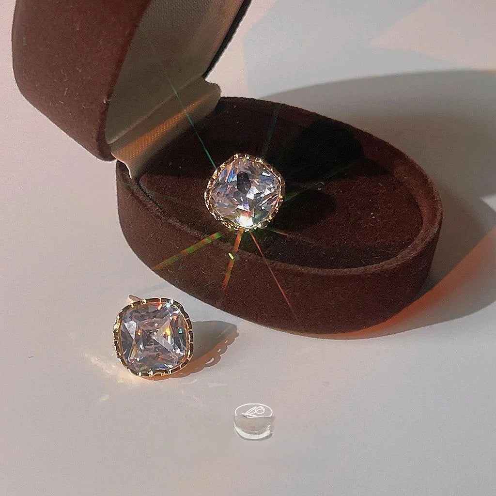 14K Gold Plated Sparkling Square Zircon Stud Earrings Minimalist Geometric Office Jewelry