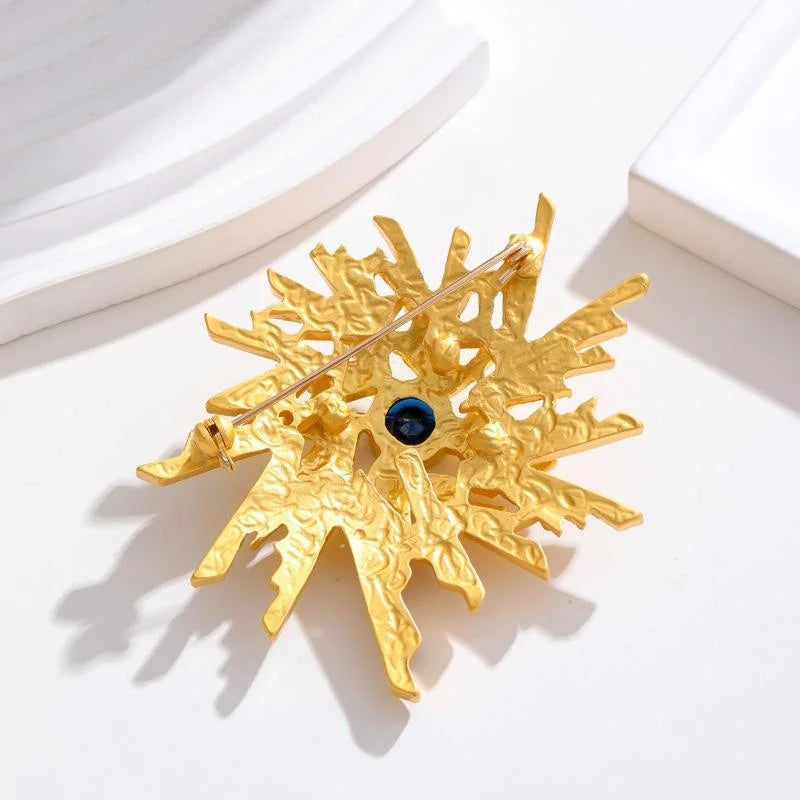 Vintage Gold Snowflake Starburst Brooch With Blue Rhinestones, Elegant Lapel Pin Suit Accessory Gift