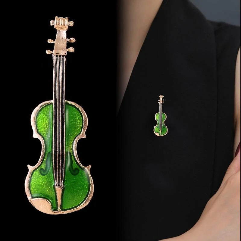Cute Green Enamel Violin Brooch For Women, Gold Tone Alloy Musical Instrument Lapel Pin Corsage Gift