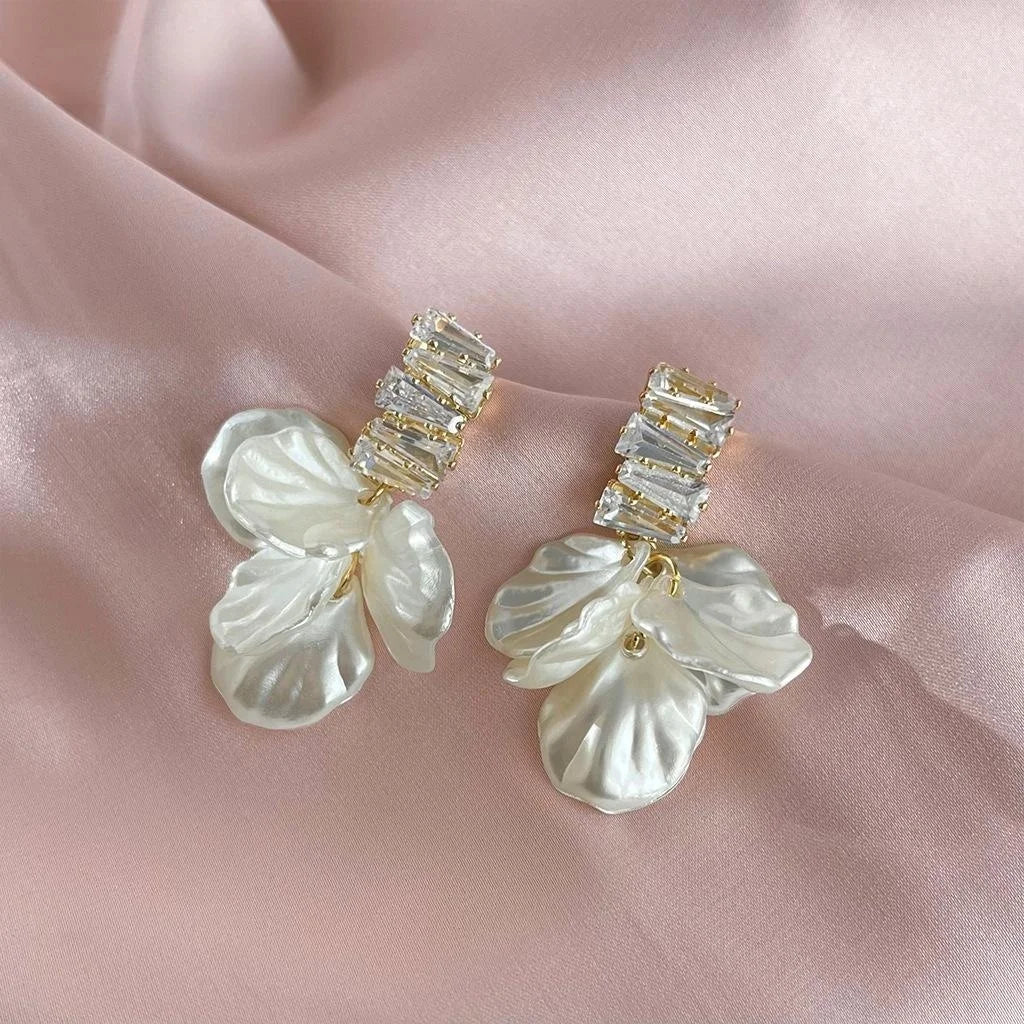 Forest Style Handmade Acrylic Flower Petal Zircon Copper Drop Earrings With Silver Plated Pins