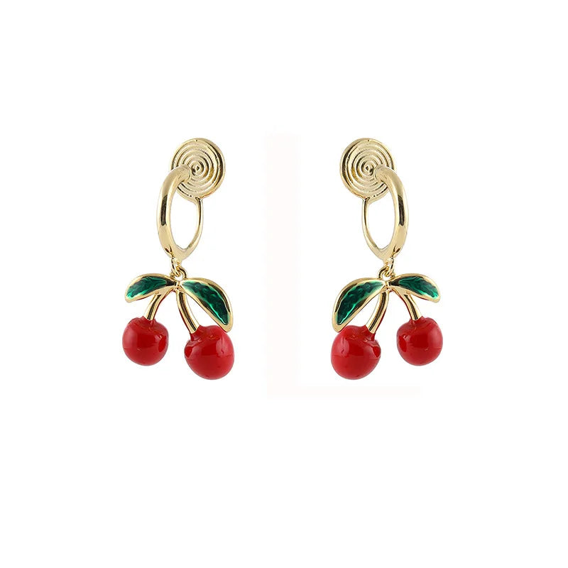 Sweet Red Cherry Enamel Alloy Dangle Stud & Clip On No Piercing Elegant Summer Fruit Earrings