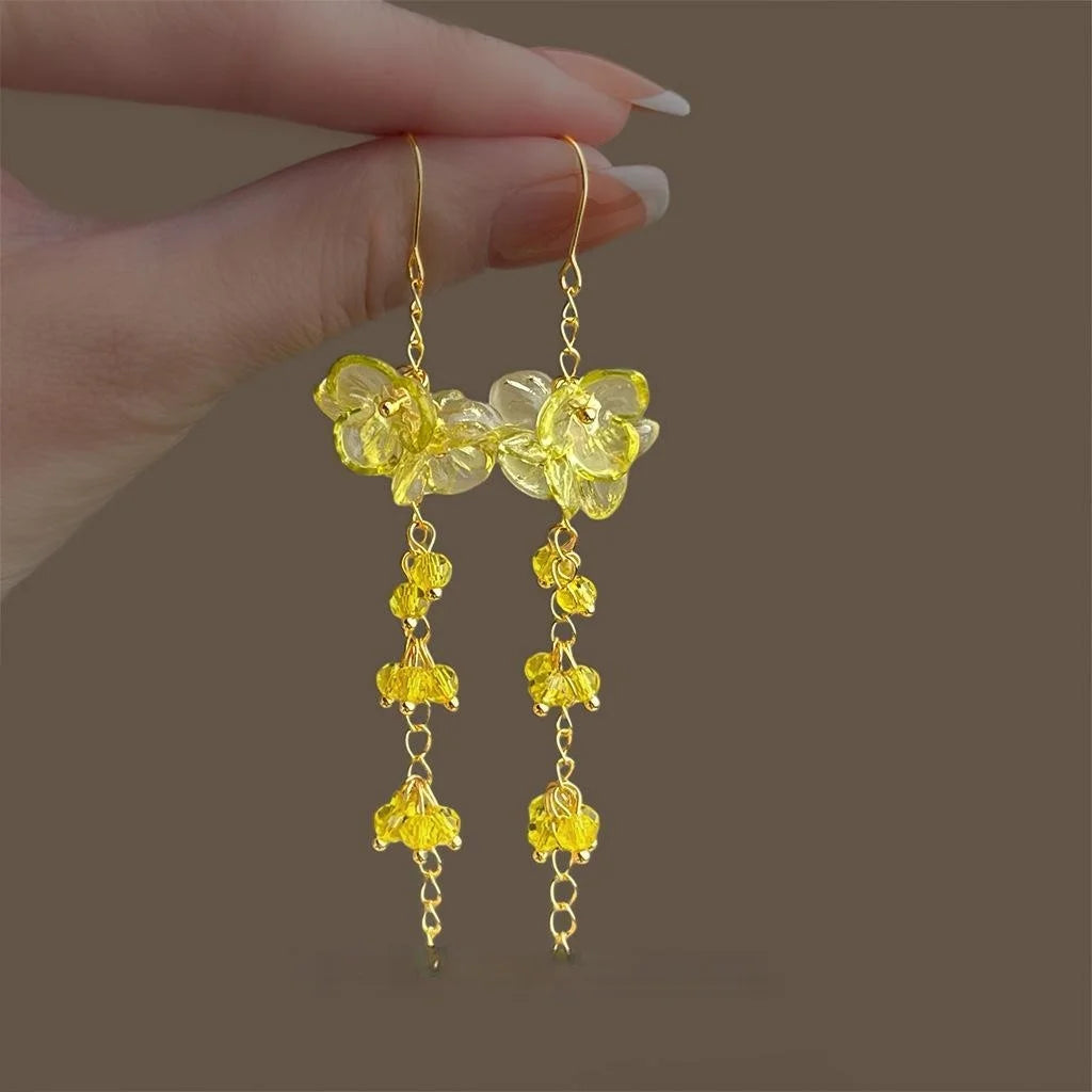 Summer Lemon Glass Crystal Acrylic Flower Tassel Chain Drop Earrings Forest Vacation Style