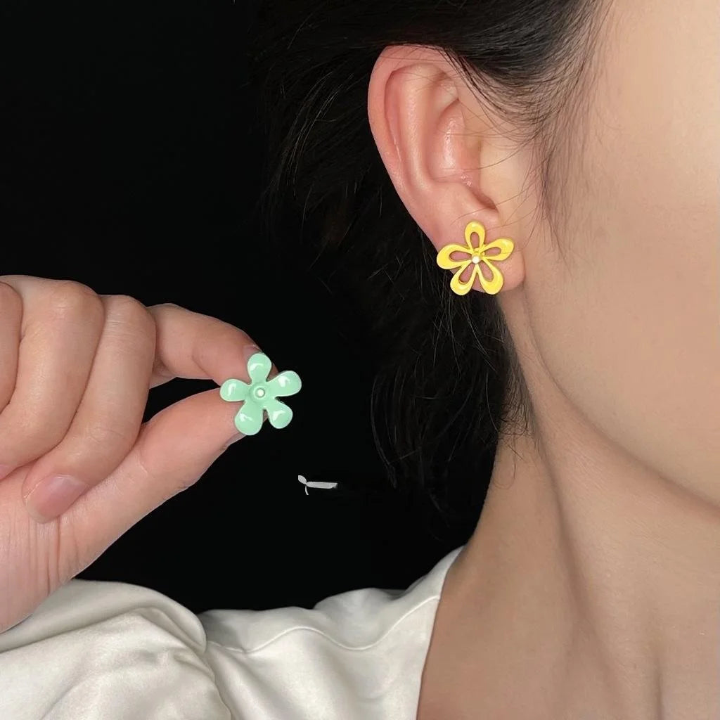 Candy Color Enamel Copper Hollow Flower Asymmetric AB Stud Earrings Sweet Fashion Jewelry