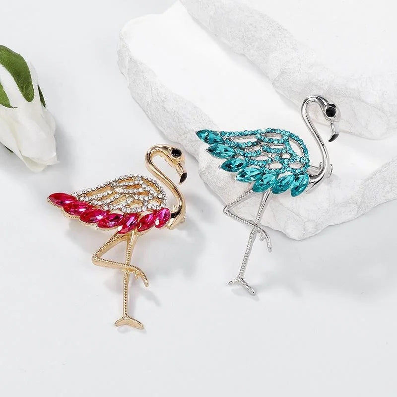 Luxury Rhinestone Flamingo Brooch With Pink Crystal Wings, Elegant Animal Lapel Pin Corsage Suit Accessory