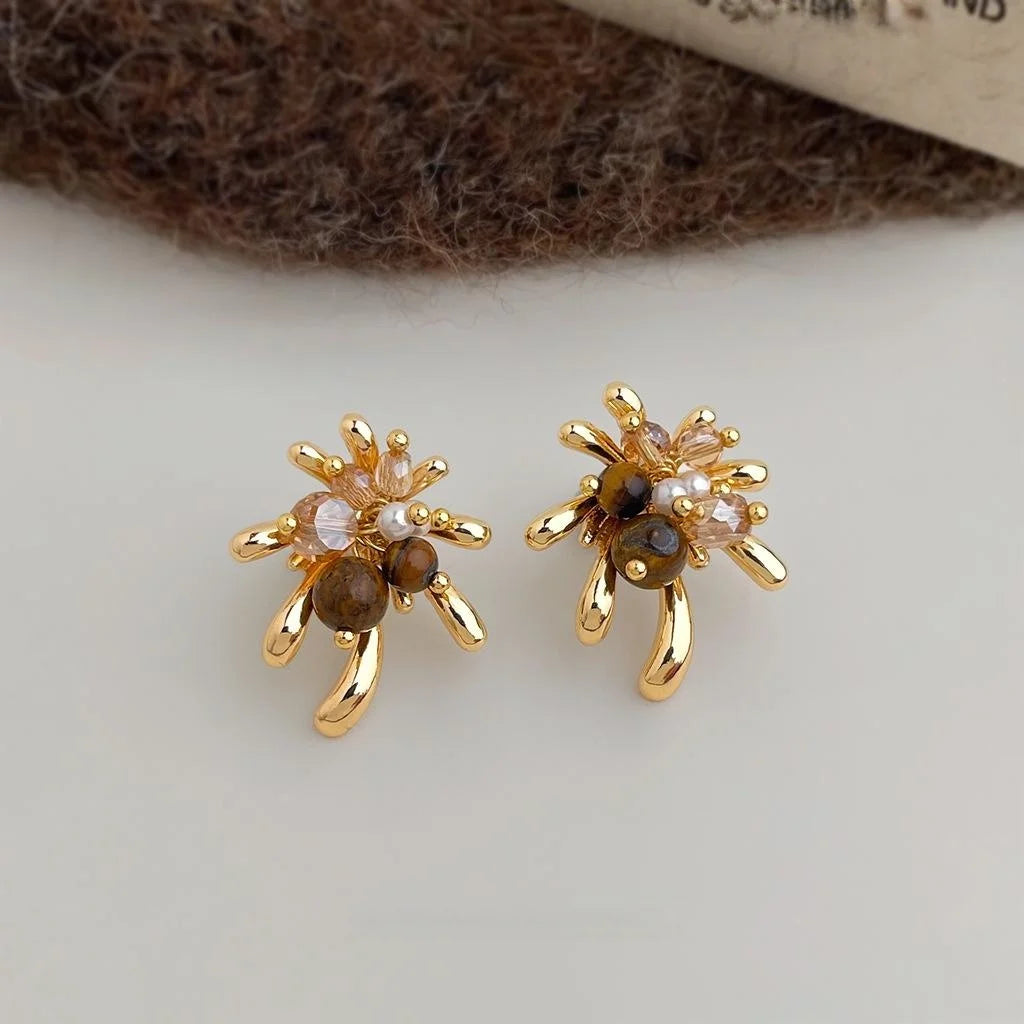 Maillard Style Tiger Eye Pearl Firework Drop Earrings Vintage French Jewelry