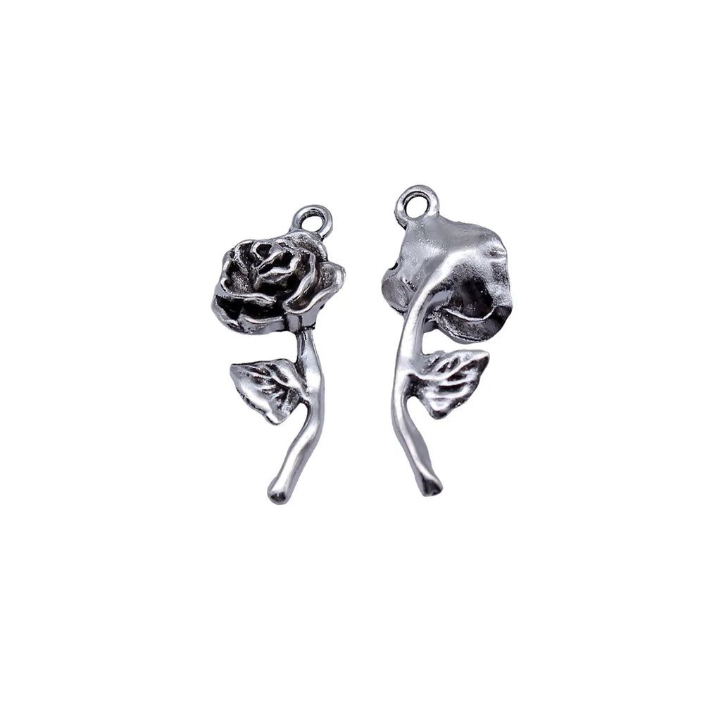 26x10mm 1.7g Antique Silver Finish Zinc Alloy Rose Flower Charm Pendant for Bracelet Necklace DIY