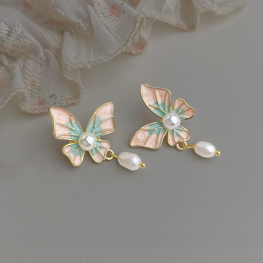 14K Plated Copper Butterfly Freshwater Pearl Stud Earrings French Vintage Handmade Jewelry