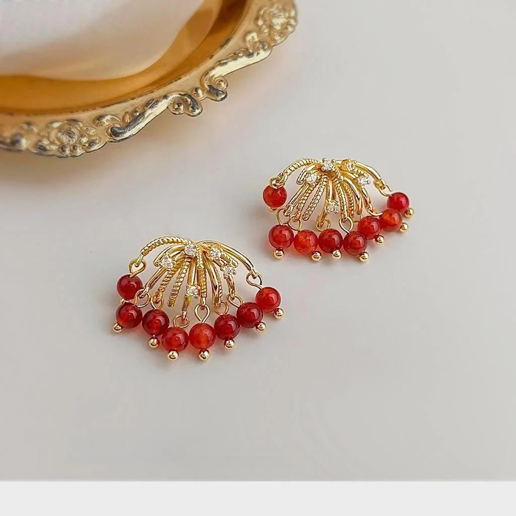 Old Money Style Copper Red Agate Zircon Micro Pave Round Geometric Drop Earrings