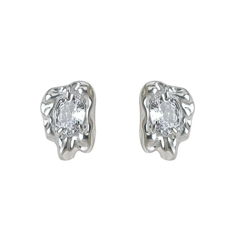 Designer Liquid Irregular Silver Plated Zircon Geometric Style Stud Earrings For Women