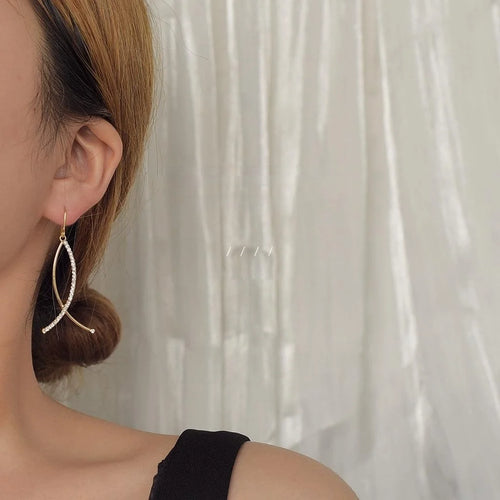Korean Japanese Style Copper Zircon Cross Line Geometric Drop Earrings