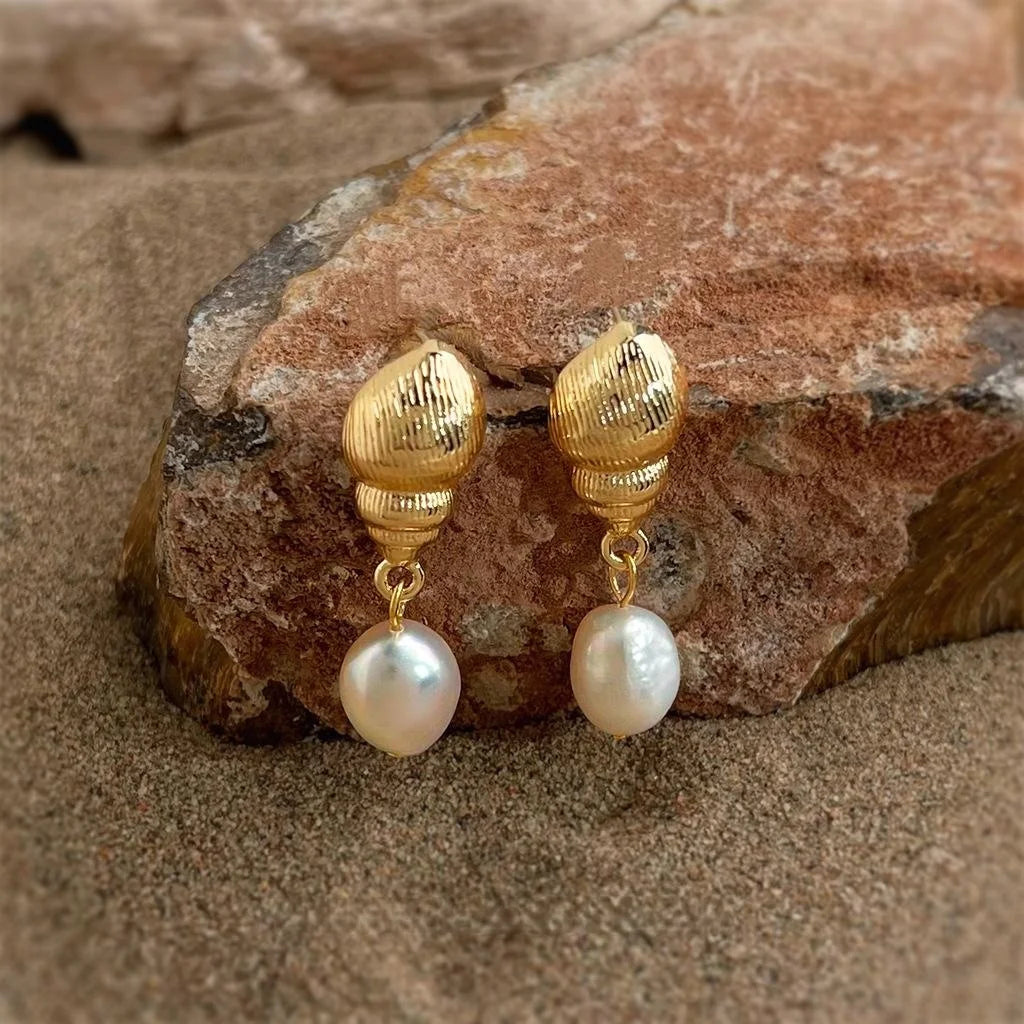 Freshwater Pearl 14K Plated Conch Drop Earrings Ocean Style Designer Jewelry