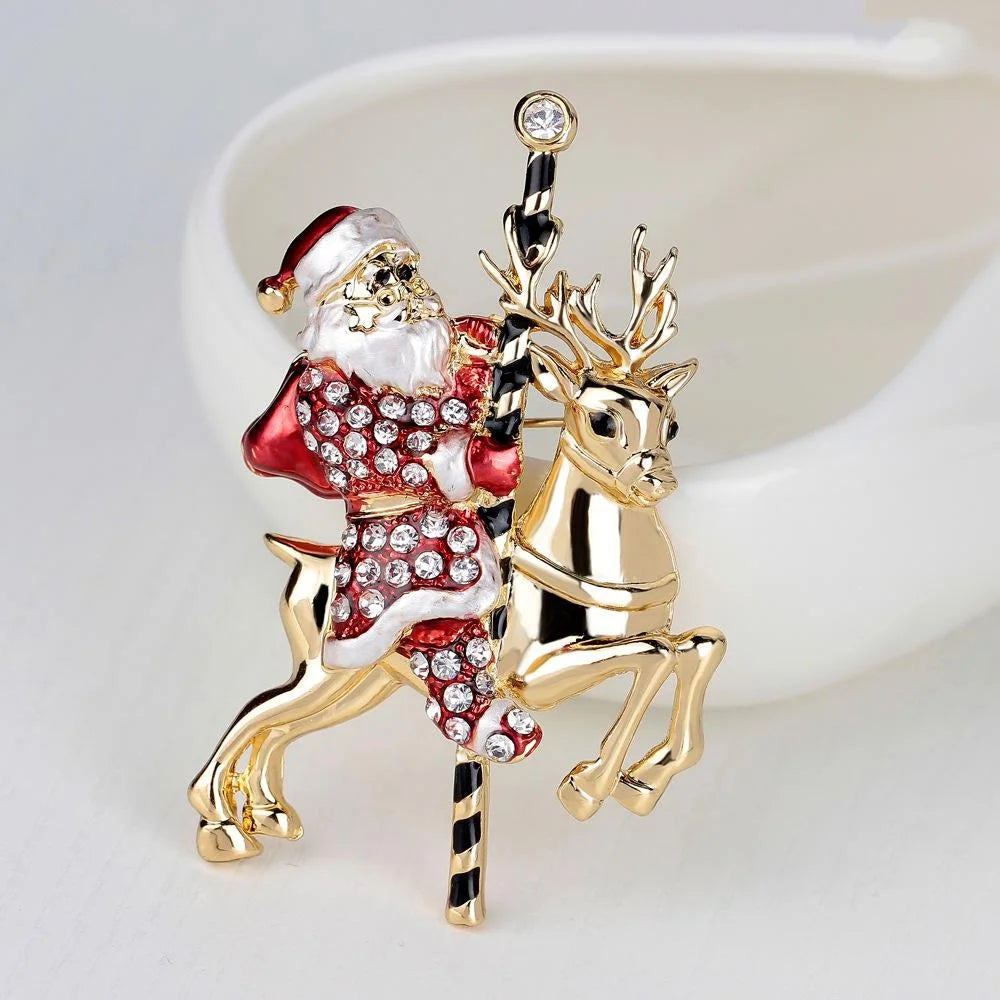 Luxury Christmas Santa Claus And Reindeer Rhinestone Enamel Alloy Brooch, Festive Lapel Pin Corsage Gift