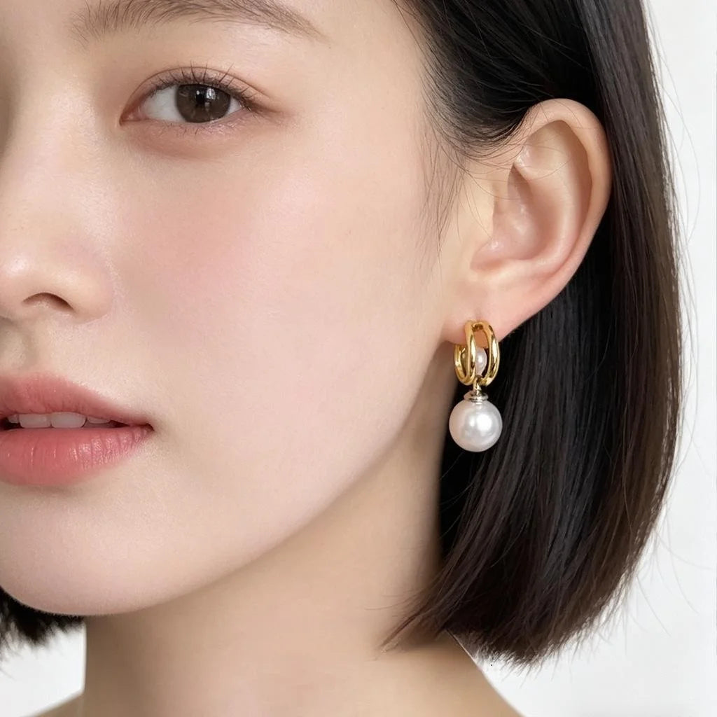 French Vintage Copper Pearl C-Shaped Hoop Earrings Light Luxury Geometric Metal Earrings