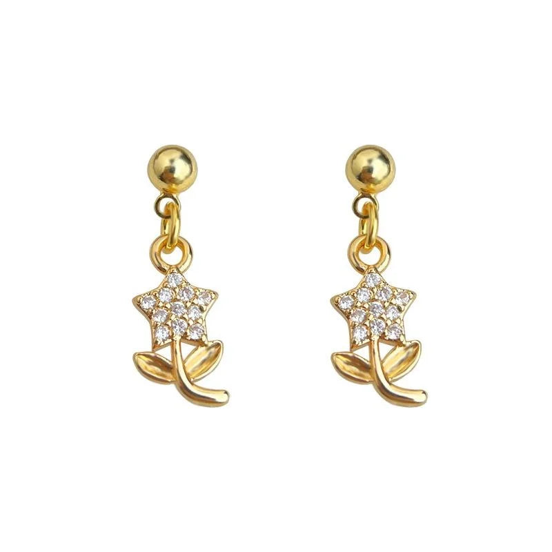 Fresh Sweet 14K Plated Micro Pave Zircon Flower Leaf Copper Drop Earrings
