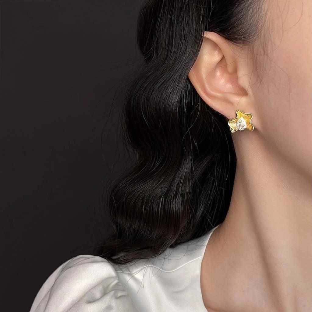 Silver Plated Copper Stud Earrings Micro Pave Zircon Abstract Pleated Geometric Wave Design