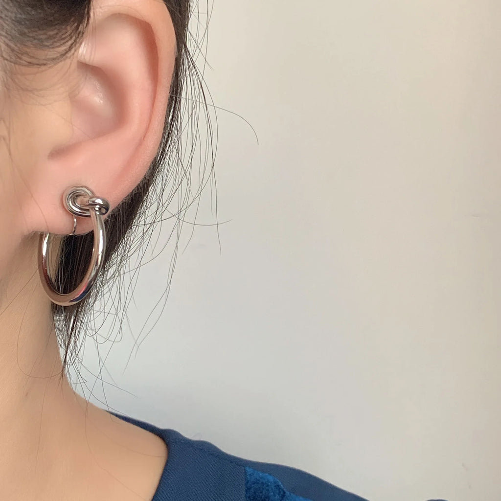 Elegant Gold Alloy Knot Hoop Spiral Disc Stud & Clip On No Piercing Minimalist Round Circle Earrings