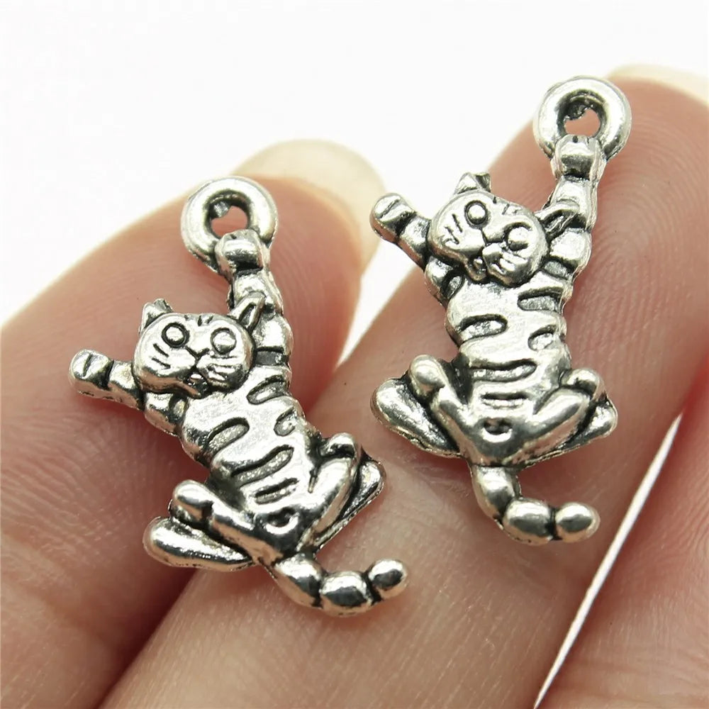 21x10mm 1.4g Antique Silver Zinc Alloy Cat Charm Pendant for Cute Animal Necklace Bracelet Making