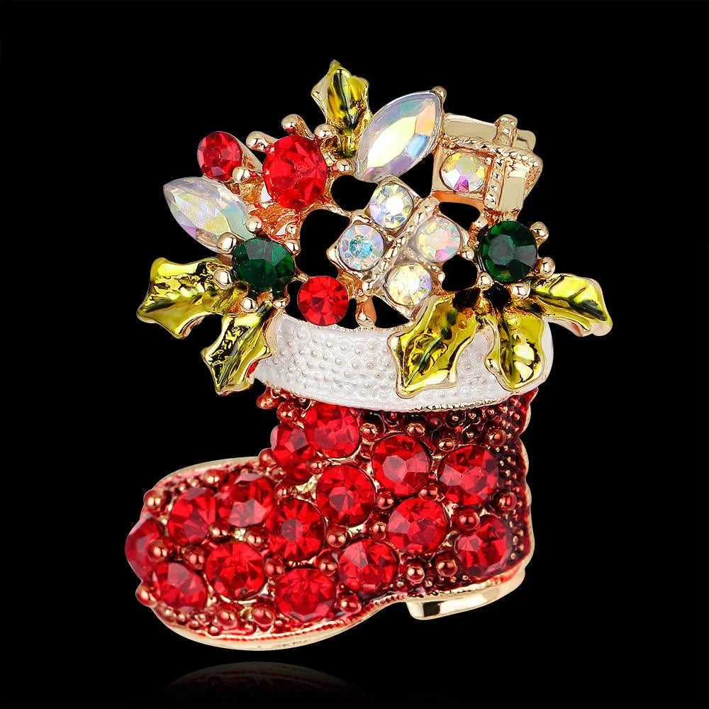 Luxury Christmas Boot Brooch With Red Rhinestones, Enamel Holly And Alloy Lapel Pin Corsage Gift