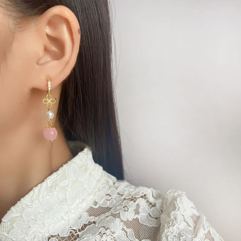 Elegant Chinese Style Pink Round Bead Pearl Flower Rhinestone Alloy Drop Stud & Clip On No Piercing Earrings