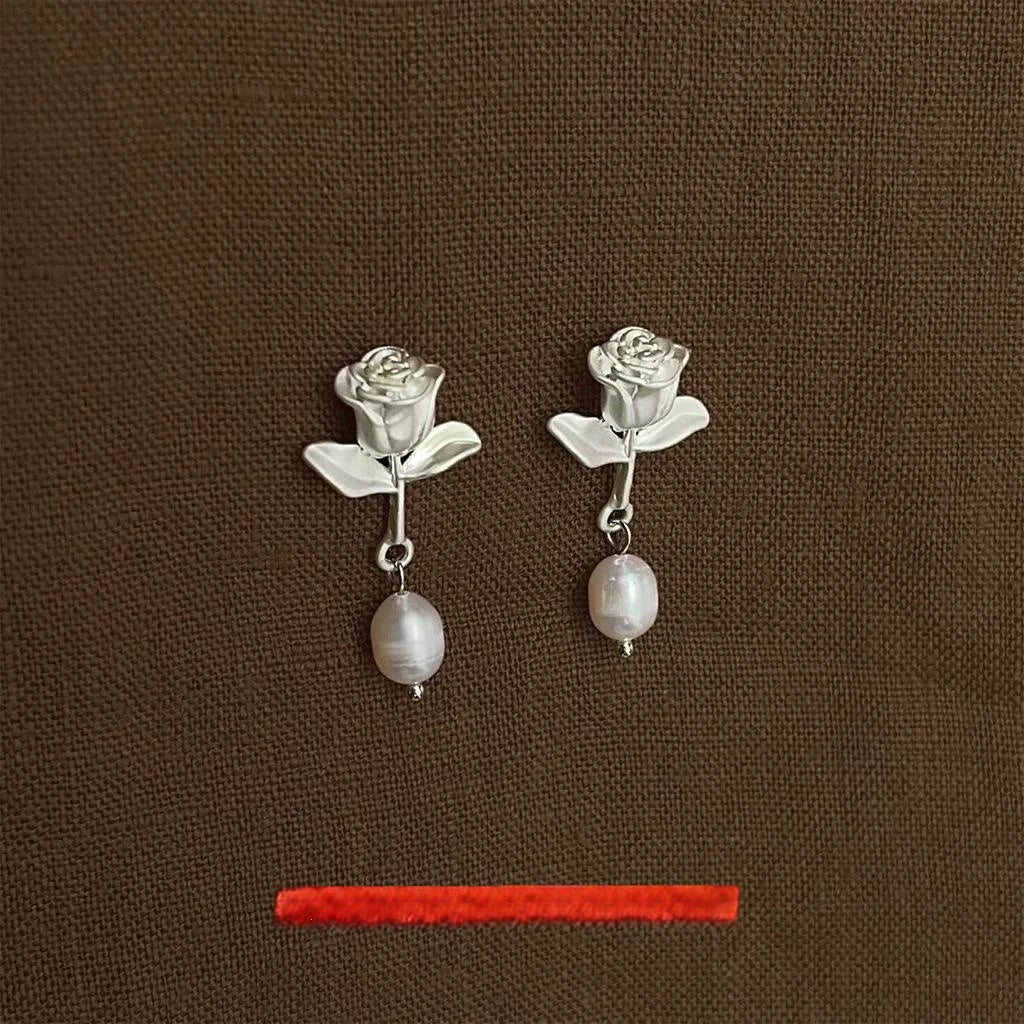 Handmade Rose Flower Stud Earrings With Freshwater Pearl, Matte Silver Plated Copper Luxury Jewelry