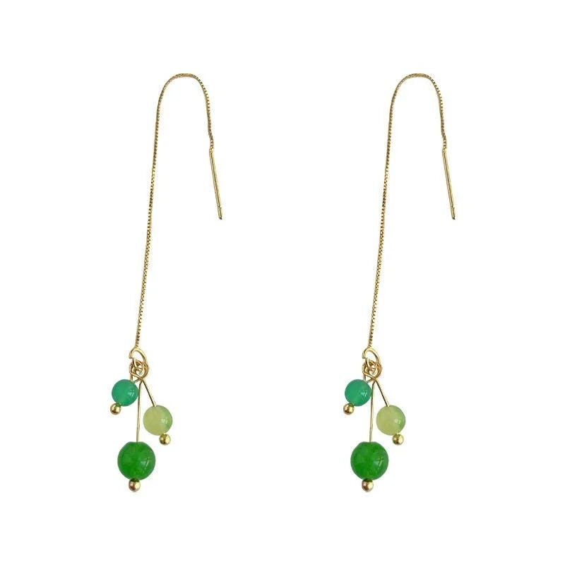 Handmade New Chinese Green Agate Tassel Drop Earrings With Copper
