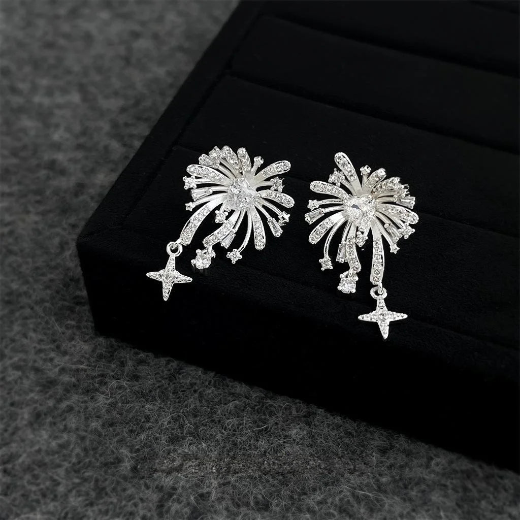 Designer Firework Starburst Tassel Drop Earrings, Copper Zircon Floral Geometric