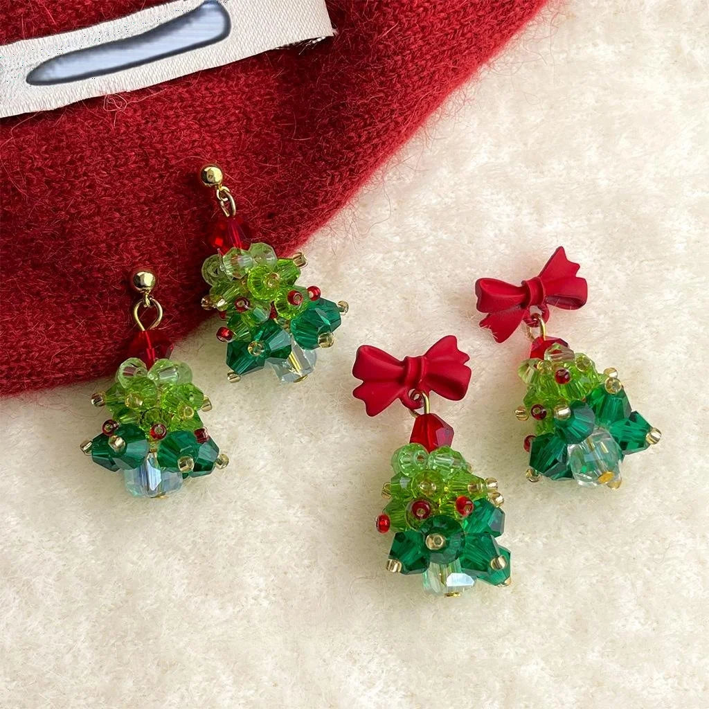 Christmas Tree Bow Drop Earrings Glass Crystal Floral Sweet Handmade Holiday Jewelry