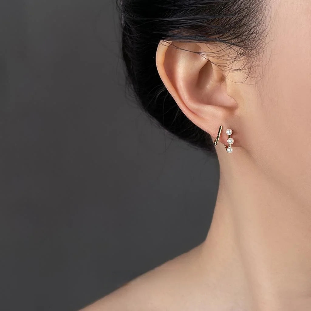 French Vintage Double Layer Pearl Stud Earrings, Copper Irregular Double Ring Geometric Jewelry