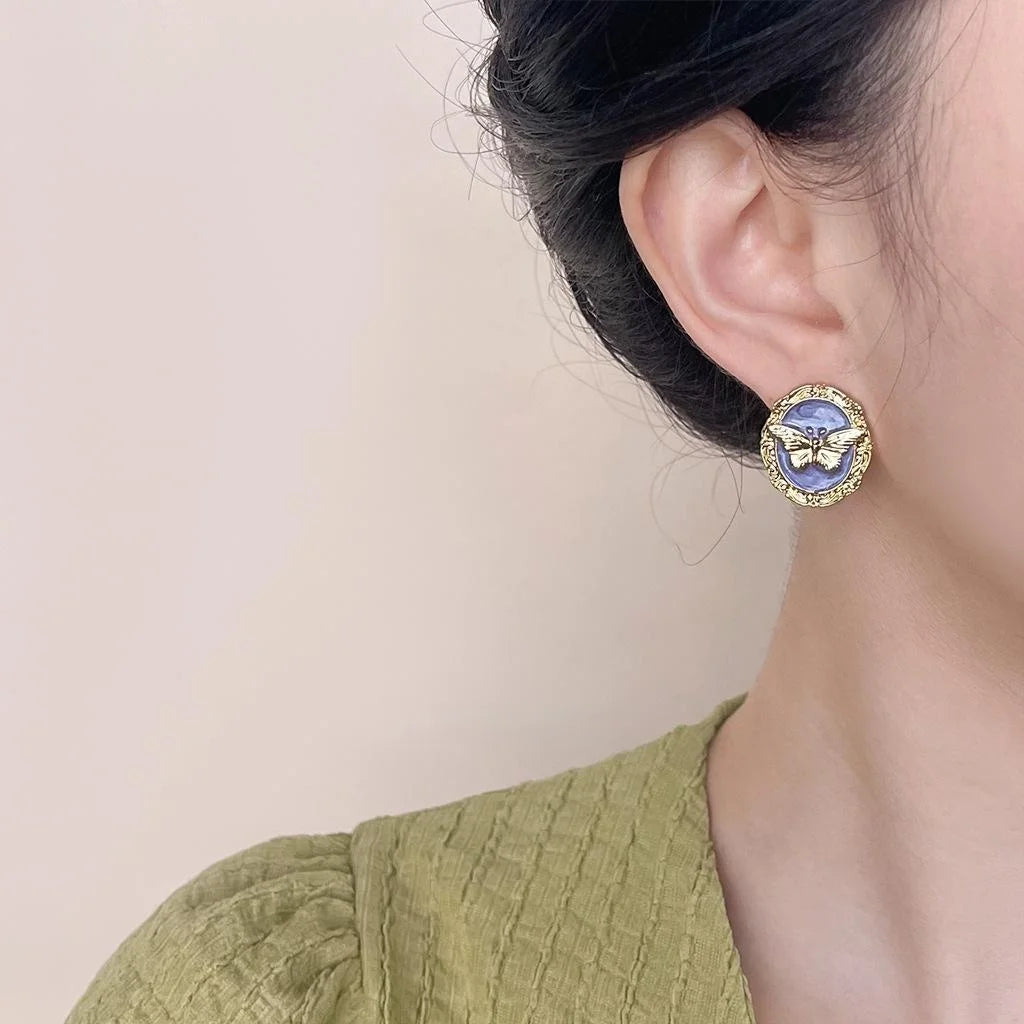 French Vintage Copper Butterfly Geometric Stud Earrings With Oil Painting Enamel Finish